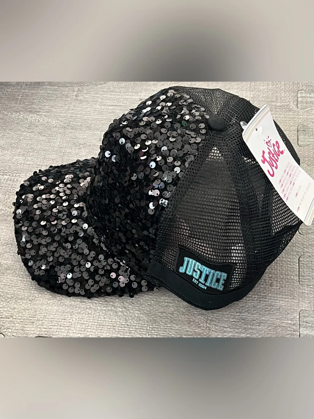 Justice Black Sequin Logo Trucker Hat Mesh Back Adjustable One Size Girls